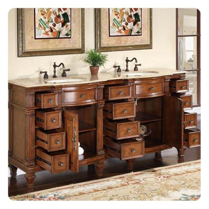 Silkroad Exclusive 72" Double Sink Brazilian Rosewood Bathroom Vanity With Travertine Countertop and Ivory Ceramic Undermount Sink - HYP-0722-T-UIC-72