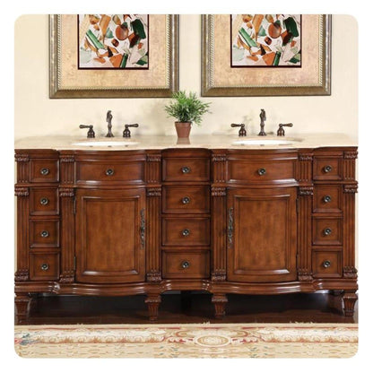 Silkroad Exclusive 72" Double Sink Brazilian Rosewood Bathroom Vanity With Travertine Countertop and Ivory Ceramic Undermount Sink - HYP-0722-T-UIC-72