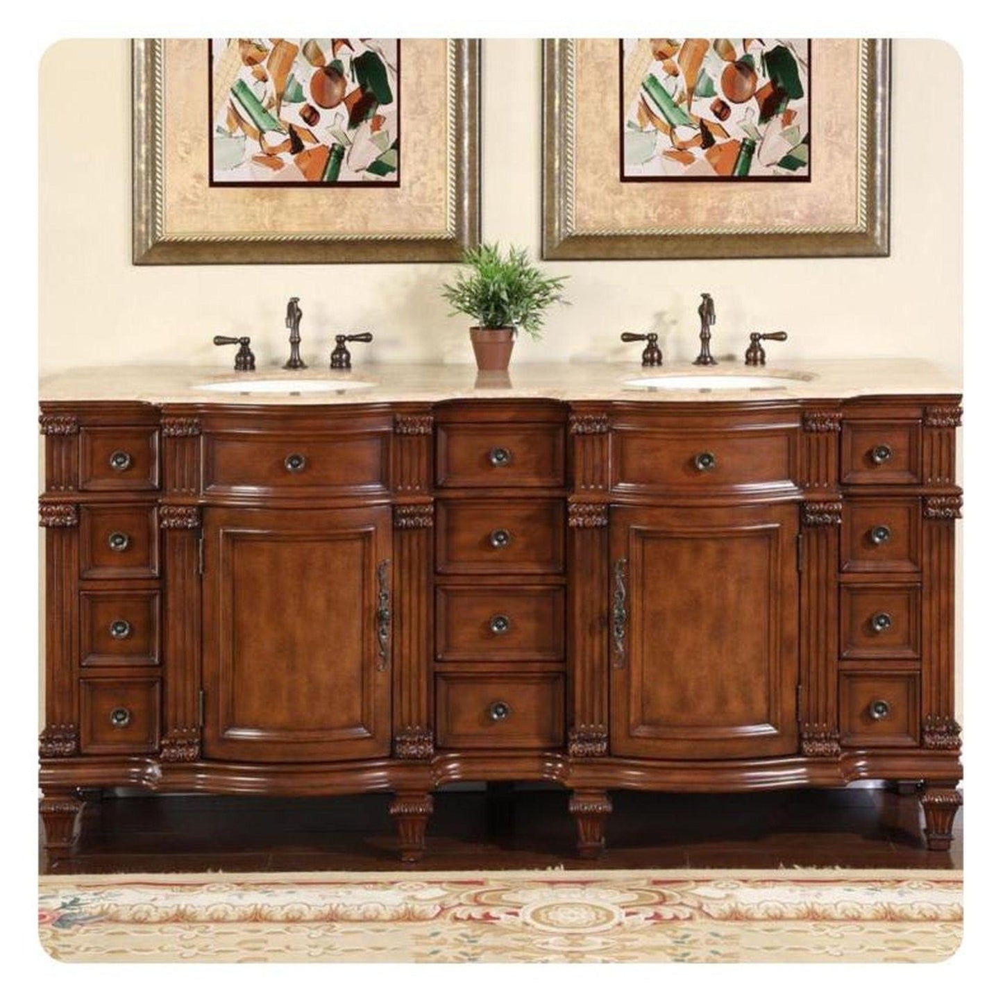 Silkroad Exclusive 72" Double Sink Brazilian Rosewood Bathroom Vanity With Travertine Countertop and Ivory Ceramic Undermount Sink - HYP-0722-T-UIC-72