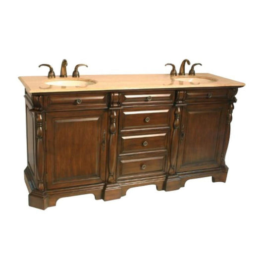 Silkroad Exclusive 72" Double Sink Dark Chestnut Bathroom Vanity With Travertine Countertop and Ivory Ceramic Undermount Sink - LTP-0176-T-UIC-72