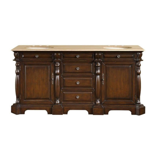 Silkroad Exclusive 72" Double Sink Dark Chestnut Bathroom Vanity With Travertine Countertop and Ivory Ceramic Undermount Sink - LTP-0176-T-UIC-72