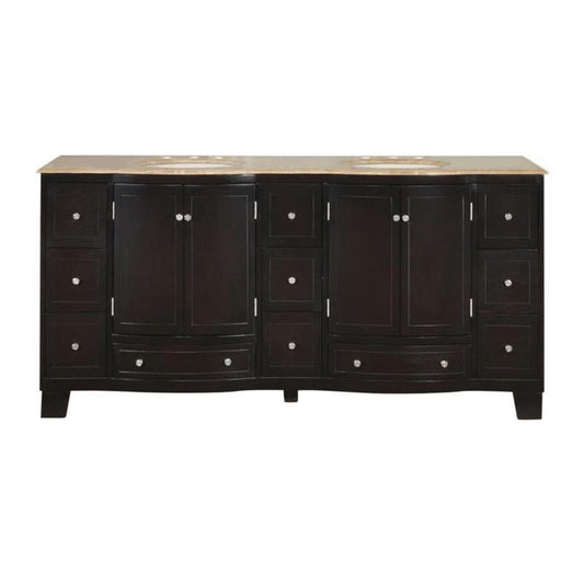 Silkroad Exclusive 72" Double Sink Dark Espresso Bathroom Vanity With Travertine Countertop and Ivory Ceramic Undermount Sink - HYP-0703-T-UIC-72