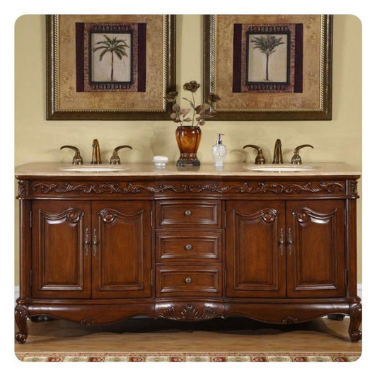 Silkroad Exclusive 72" Double Sink English Chestnut Bathroom Vanity With Travertine Countertop and Ivory Ceramic Undermount Sink - HYP-8034-T-UIC-72