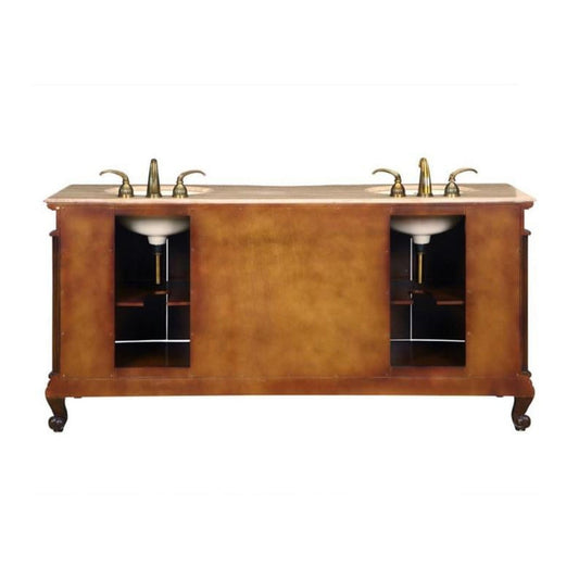 Silkroad Exclusive 72" Double Sink English Chestnut Bathroom Vanity With Travertine Countertop and Ivory Ceramic Undermount Sink - HYP-8034-T-UIC-72