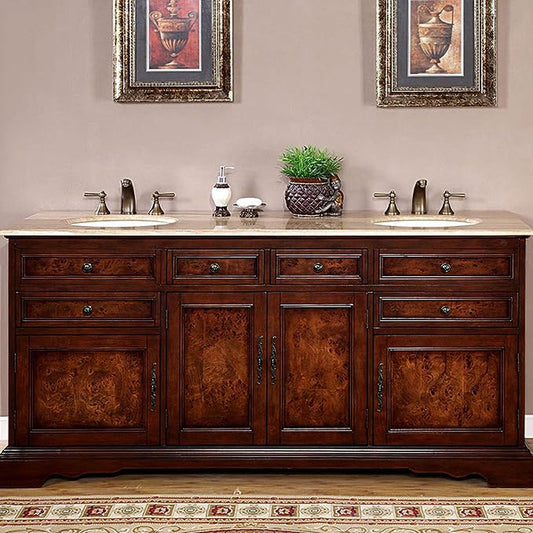 Silkroad Exclusive 72" Double Sink Red Chestnut Bathroom Vanity With Travertine Countertop and Ivory Ceramic Undermount Sink - HYP-0716-T-UIC-72