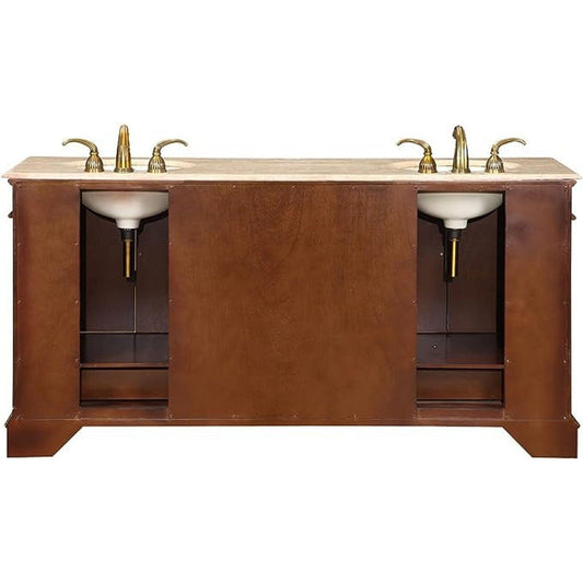 Silkroad Exclusive 72" Double Sink Red Chestnut Bathroom Vanity With Travertine Countertop and Ivory Ceramic Undermount Sink - HYP-0715-T-UIC-72