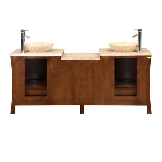 Silkroad Exclusive 72" Double Sink Red Chestnut Bathroom Vanity With Travertine Countertop and Travertine Round Vessel Sink - HYP-0714-T-TT-72