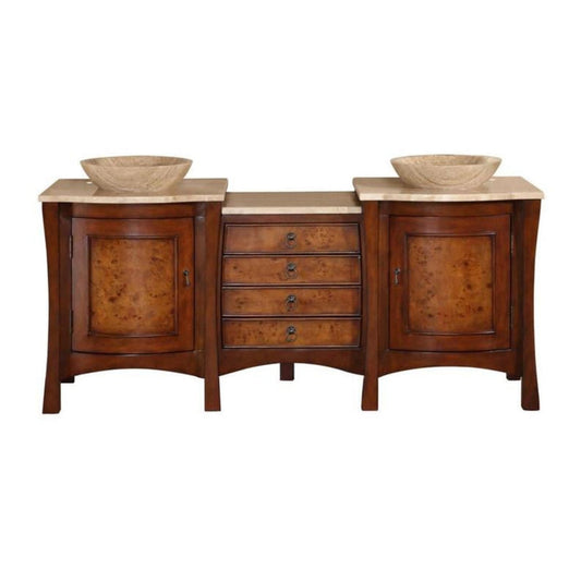 Silkroad Exclusive 72" Double Sink Red Chestnut Bathroom Vanity With Travertine Countertop and Travertine Round Vessel Sink - HYP-0714-T-TT-72