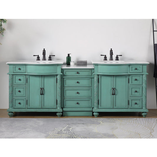 Silkroad 90" Double Sink Vintage Green Vanity, Carrara Top, White Undermount – V0213NW90D