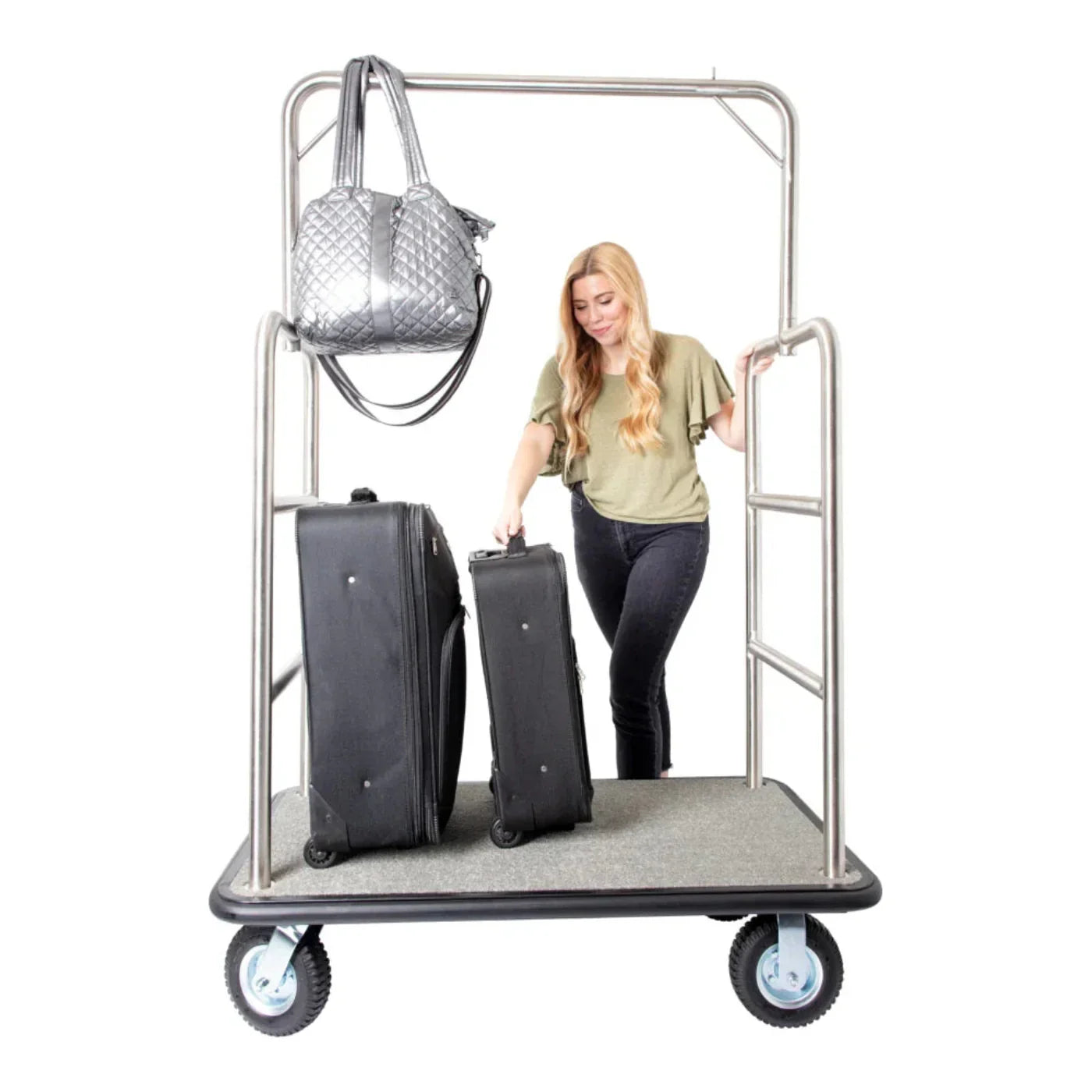 Hospitality 1 Source TMIDTOWN Midtown Series Bellman's Cart — Grey/Black Carpet; 8" pneumatic wheels - TMIDTOWN
