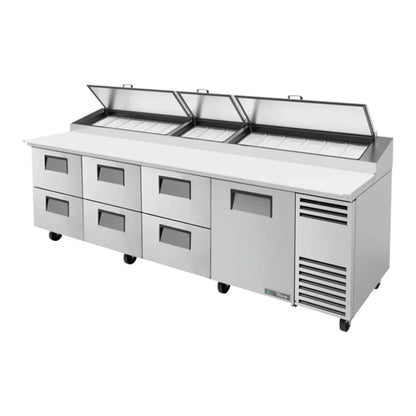 True TPP-AT-119D-6-HC 119 1/4"  TPP Series Stainless Steel and Aluminum Refrigerated Pizza Prep Table with Six Drawers and One Door,Silver,115v/1ph - TPP-AT-119D-6-HC Price