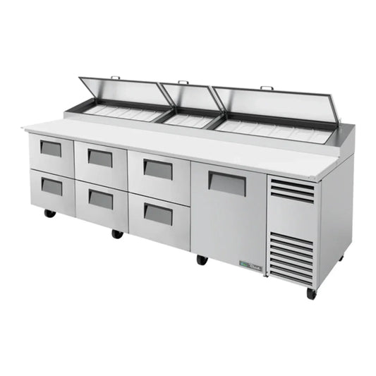True TPP-AT-119D-6-HC 119 1/4"  TPP Series Stainless Steel and Aluminum Refrigerated Pizza Prep Table with Six Drawers and One Door,Silver,115v/1ph - TPP-AT-119D-6-HC Price