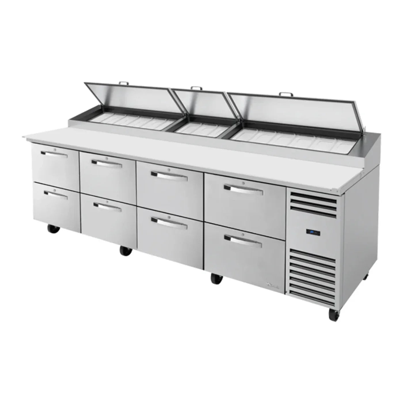 True TPP-AT-119D-8-HC-SPEC3 119" Spec Series Stainless Steel Refrigerated Pizza Prep Table with Eight Drawers and Digital Temperature Controller,Silver,115v/1ph - TPP-AT-119D-8-HC-SPEC3