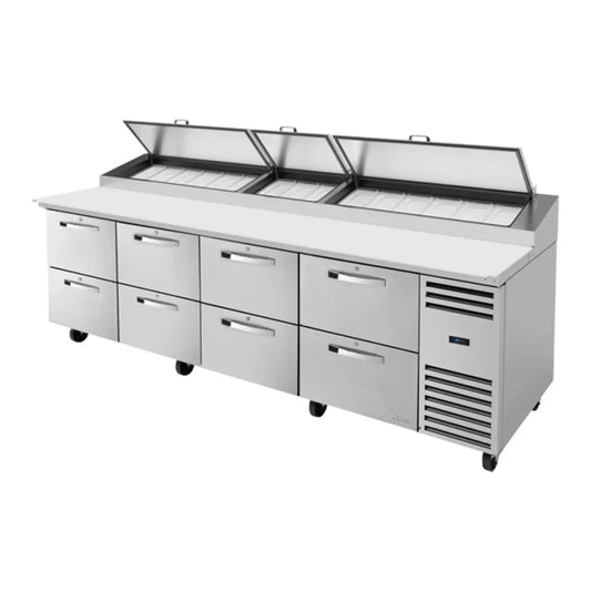 True TPP-AT-119D-8-HC-SPEC3 119" Spec Series Stainless Steel Refrigerated Pizza Prep Table with Eight Drawers and Digital Temperature Controller,Silver,115v/1ph - TPP-AT-119D-8-HC-SPEC3