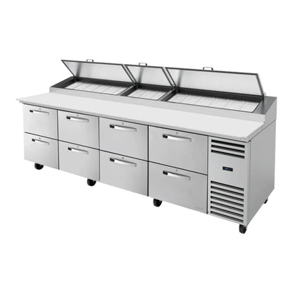 True TPP-AT-119D-8-HC-SPEC3 119" Spec Series Stainless Steel Refrigerated Pizza Prep Table with Eight Drawers and Digital Temperature Controller,Silver,115v/1ph - TPP-AT-119D-8-HC-SPEC3