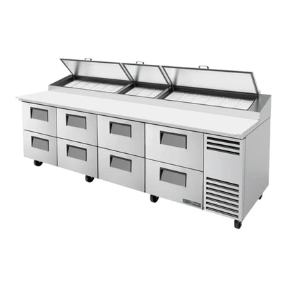 True TPP-AT-119D-8-HC 119 1/4" TPP Series Stainless Steel and Aluminum Refrigerated Pizza Prep Table and Refrigerated Base with Eight Drawers,115v/1ph - TPP-AT-119D-8-HC