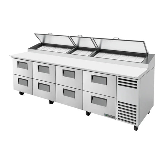 True TPP-AT-119D-8-HC 119 1/4" TPP Series Stainless Steel and Aluminum Refrigerated Pizza Prep Table and Refrigerated Base with Eight Drawers,115v/1ph - TPP-AT-119D-8-HC