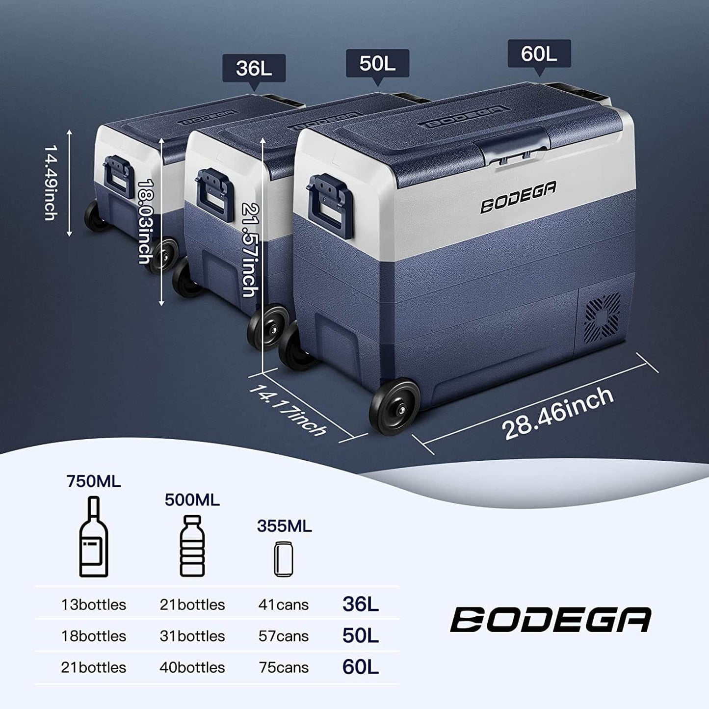 BODEGAcooler 12V Fridge 64qt/60L with Wheels Dual Zone - T60