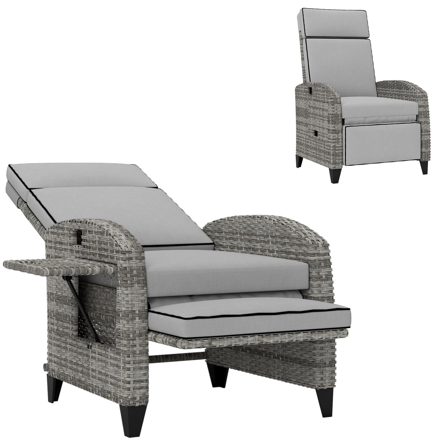 Outsunny Reclining Garden Chairs with Cushions, Adjustable Footrest, Side Tray Table, Gray - 867-189V01GY