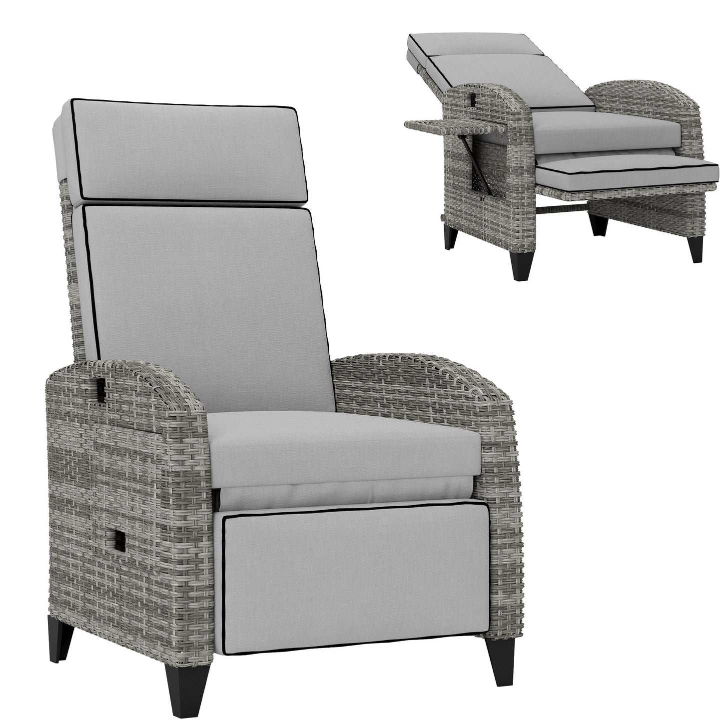 Outsunny Reclining Garden Chairs with Cushions, Adjustable Footrest, Side Tray Table, Gray - 867-189V01GY