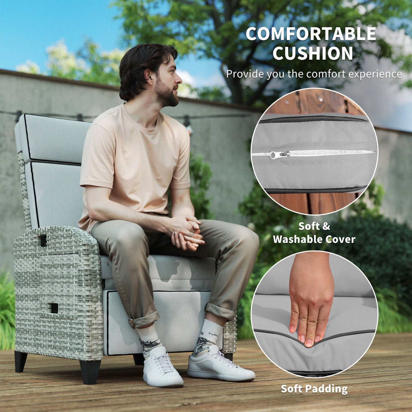 Outsunny Reclining Garden Chairs with Cushions, Adjustable Footrest, Side Tray Table, Gray - 867-189V01GY