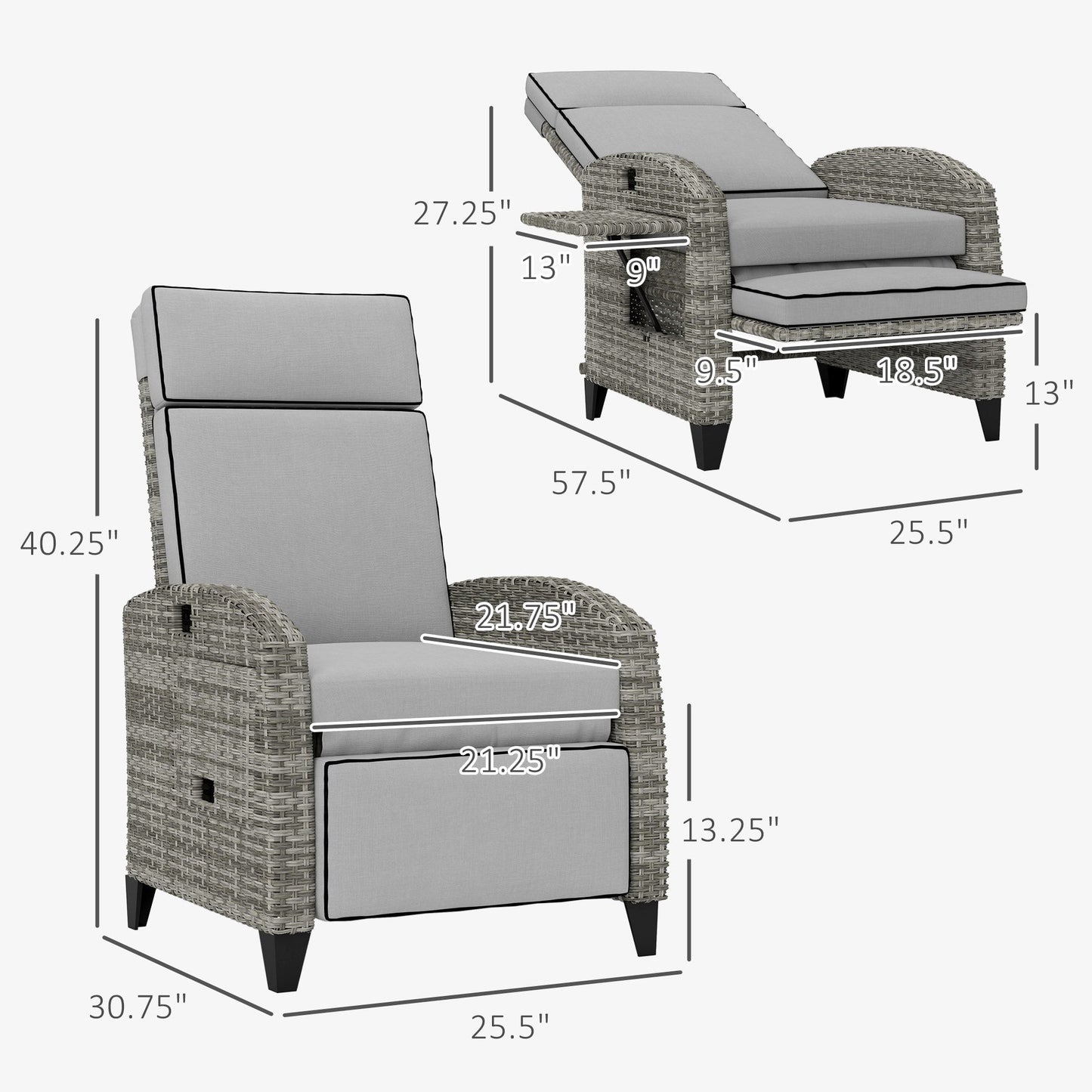 Outsunny Reclining Garden Chairs with Cushions, Adjustable Footrest, Side Tray Table, Gray - 867-189V01GY