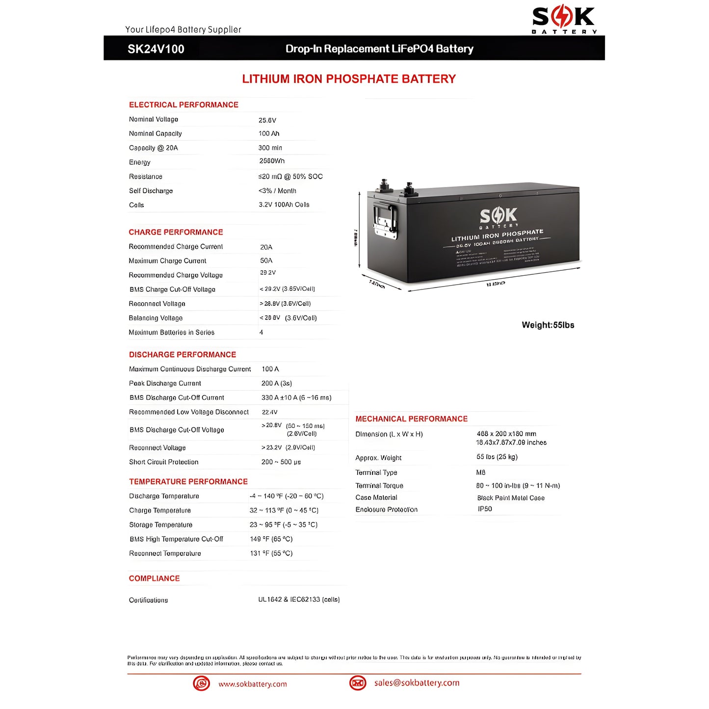 SOK Battery 24V 100Ah LiFePO4 Battery | 2,560wH / 2.56kWh Lithium Solar Battery