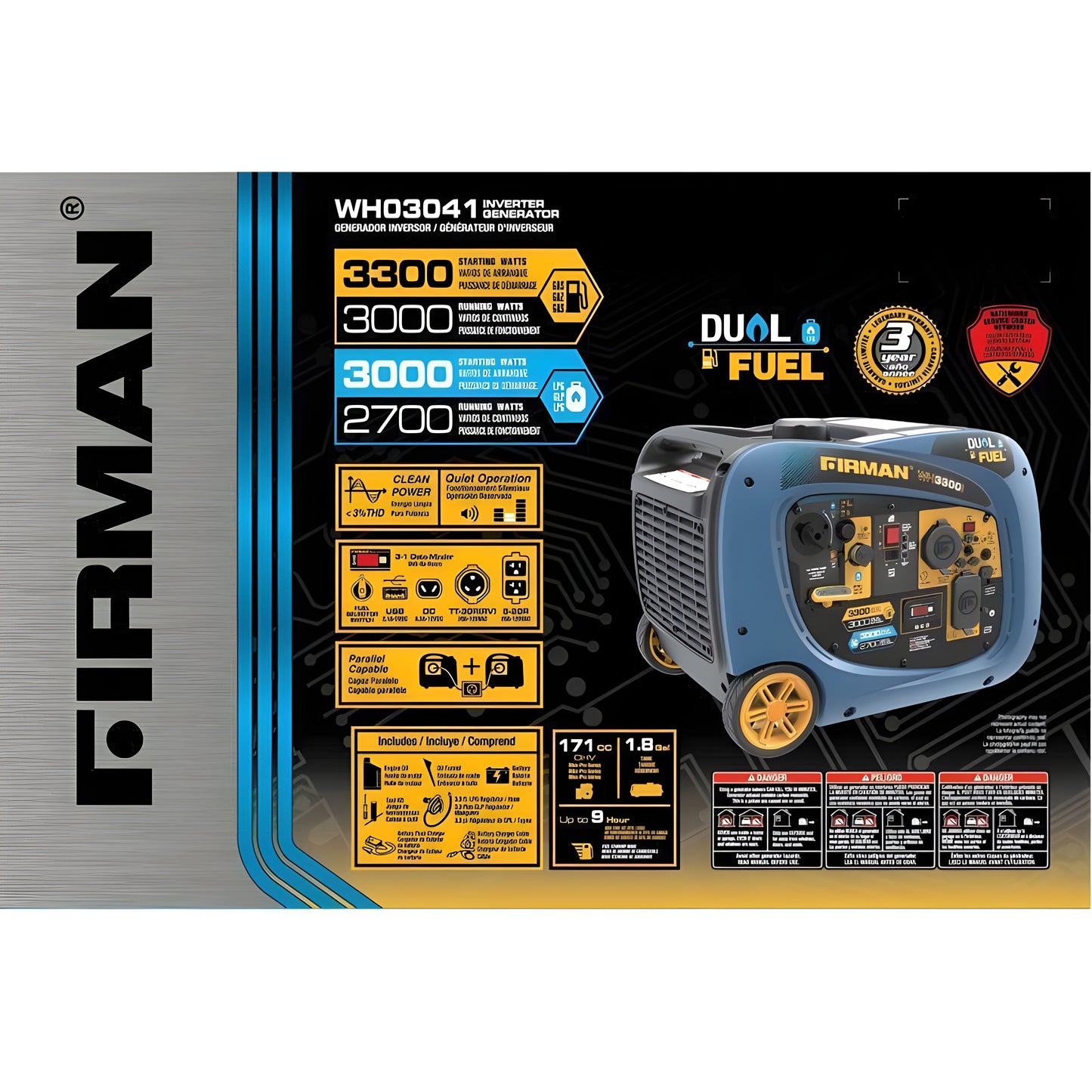 Firman WH03041 3000W/3300W 30 Amp Recoil Start Parallel Ready Dual Fuel Inverter Generator New WH03041