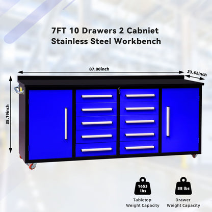 7ft 10-drawer Storage Workbench with Wheels