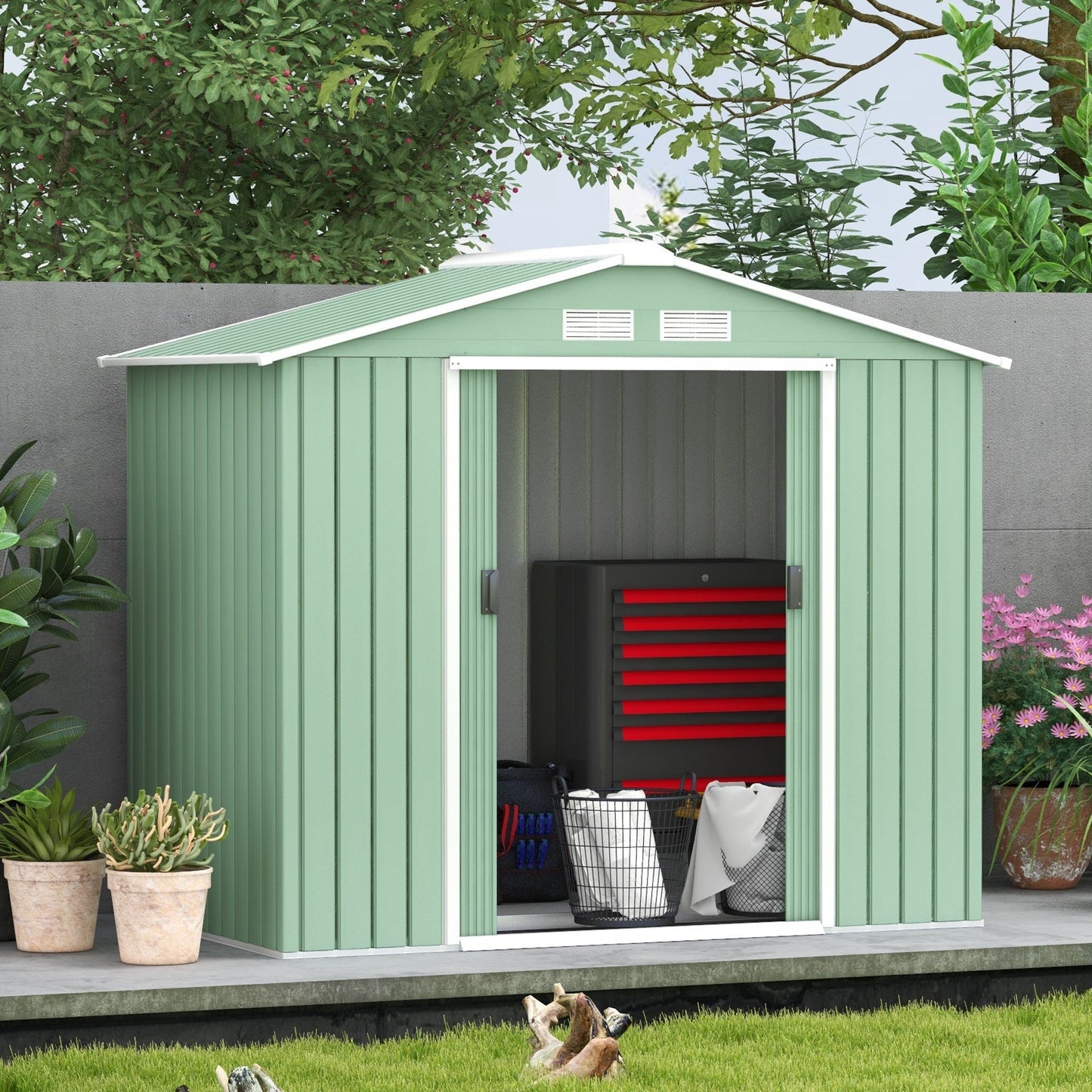 Outsunny EverBase 7' x 4' Outdoor Storage Shed with Foundation Kit, Double Lockable Door & Air Vents, Light Green - 845-030YG