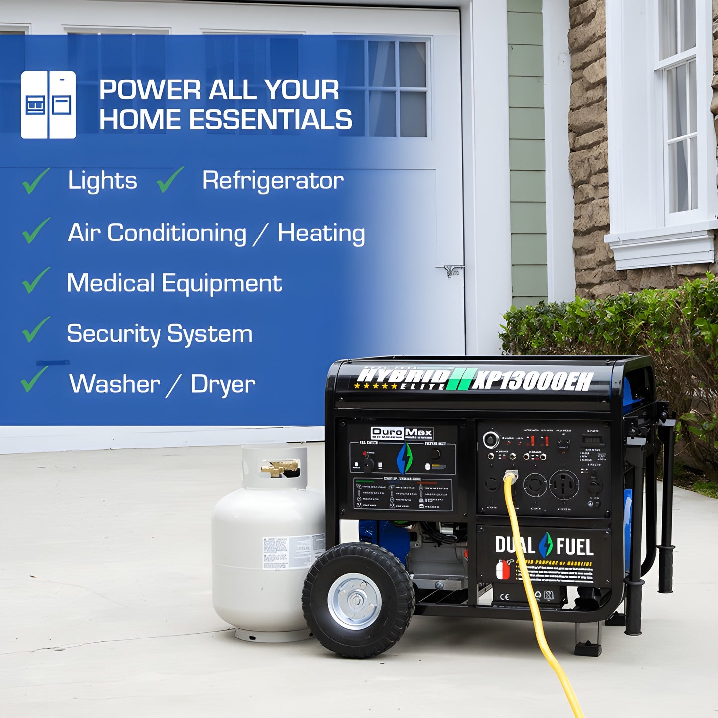 DuroMax 12,000 Watt Portable Dual Fuel Gas Propane CO Alert Generator - XP12000HX