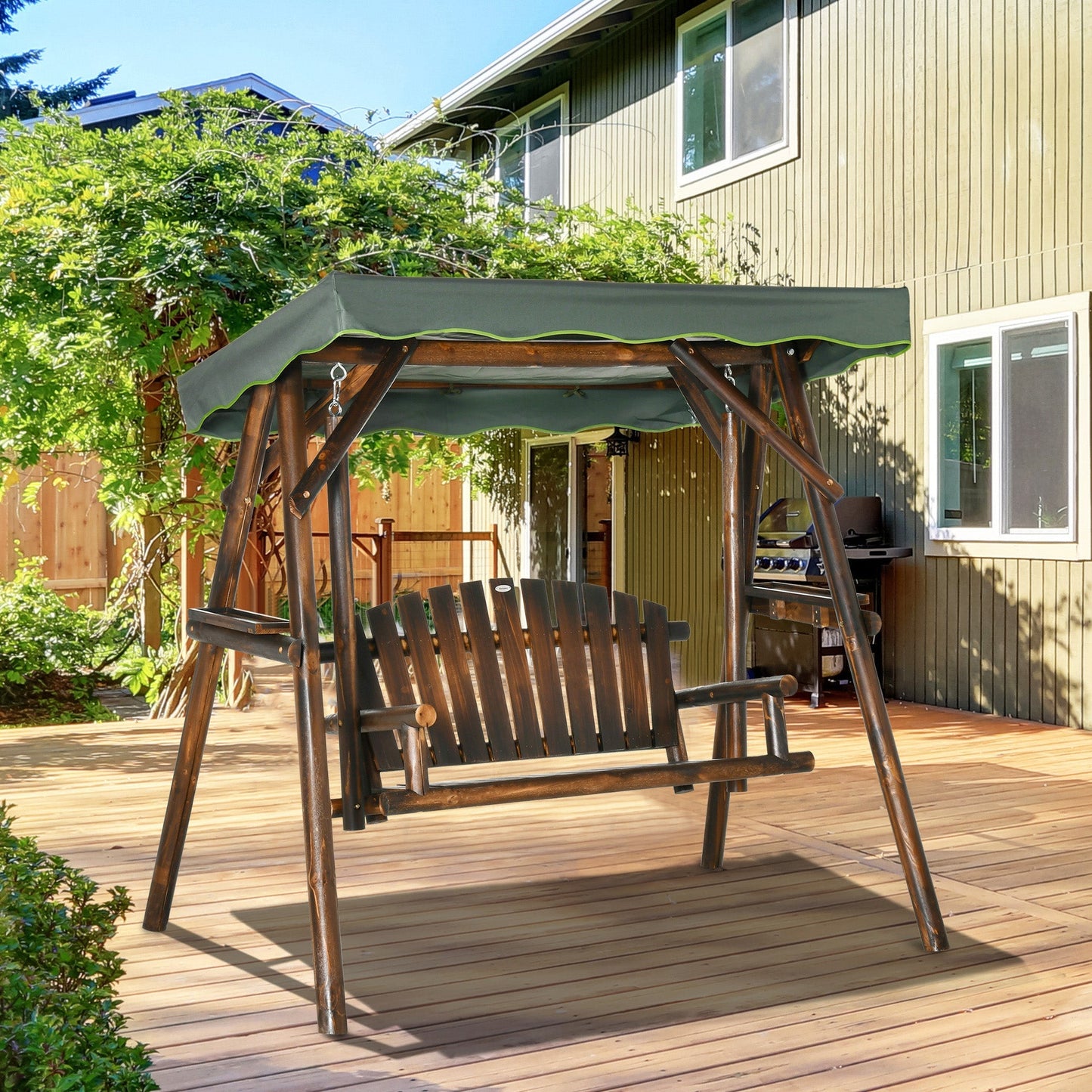 Outsunny 2-Person Outdoor Hanging Swing Chair with Adjustable Canopy and Side Trays - 84A-216