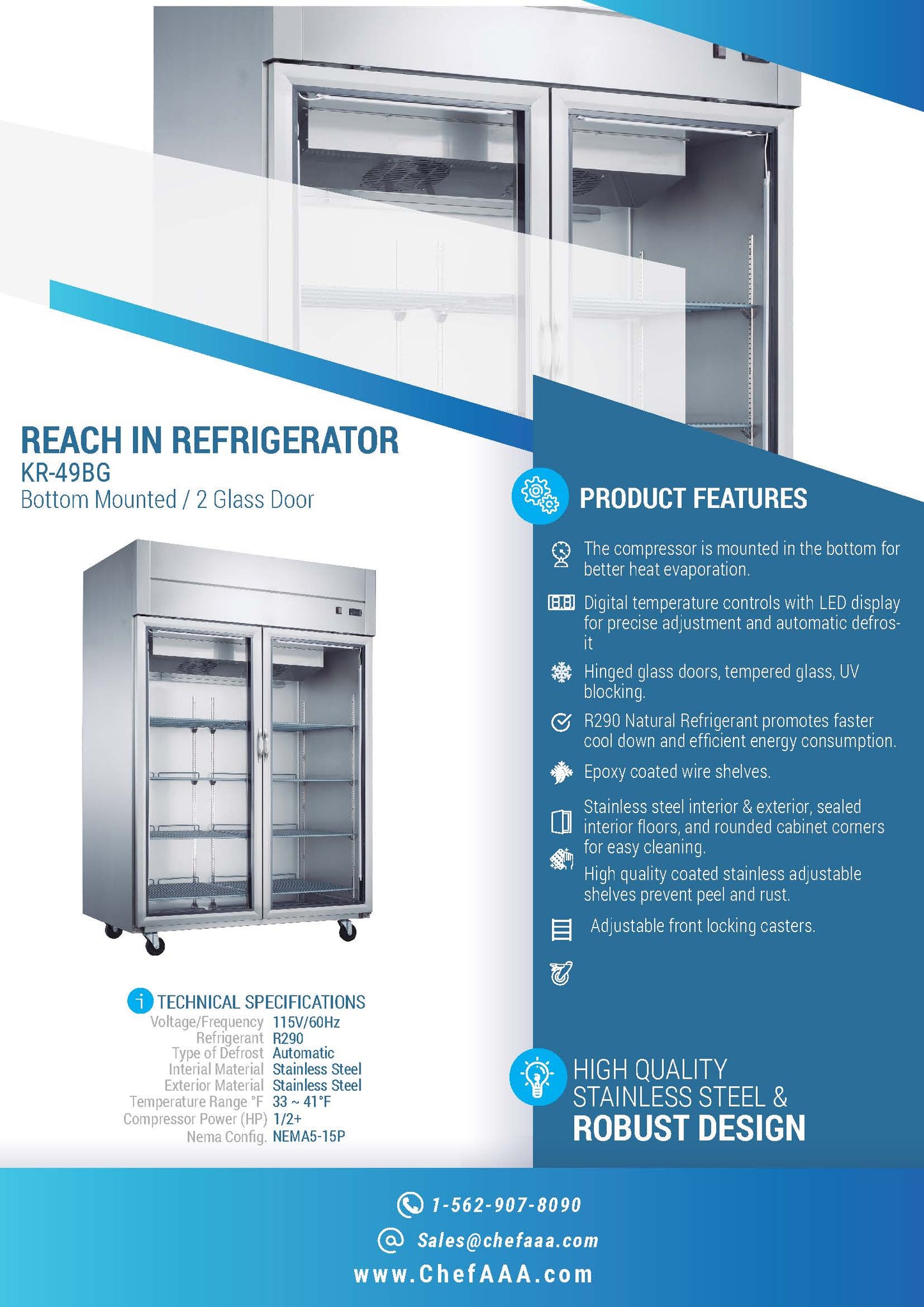 Chef AAA 55" 2 Glass Door Reach-in refrigerator 40.72cu.ft - KR-49BG