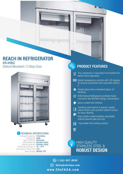 Chef AAA 55" 2 Glass Door Reach-in refrigerator 40.72cu.ft - KR-49BG