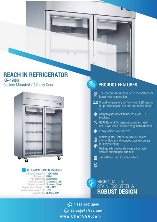 Chef AAA 55" 2 Glass Door Reach-in refrigerator 40.72cu.ft - KR-49BG