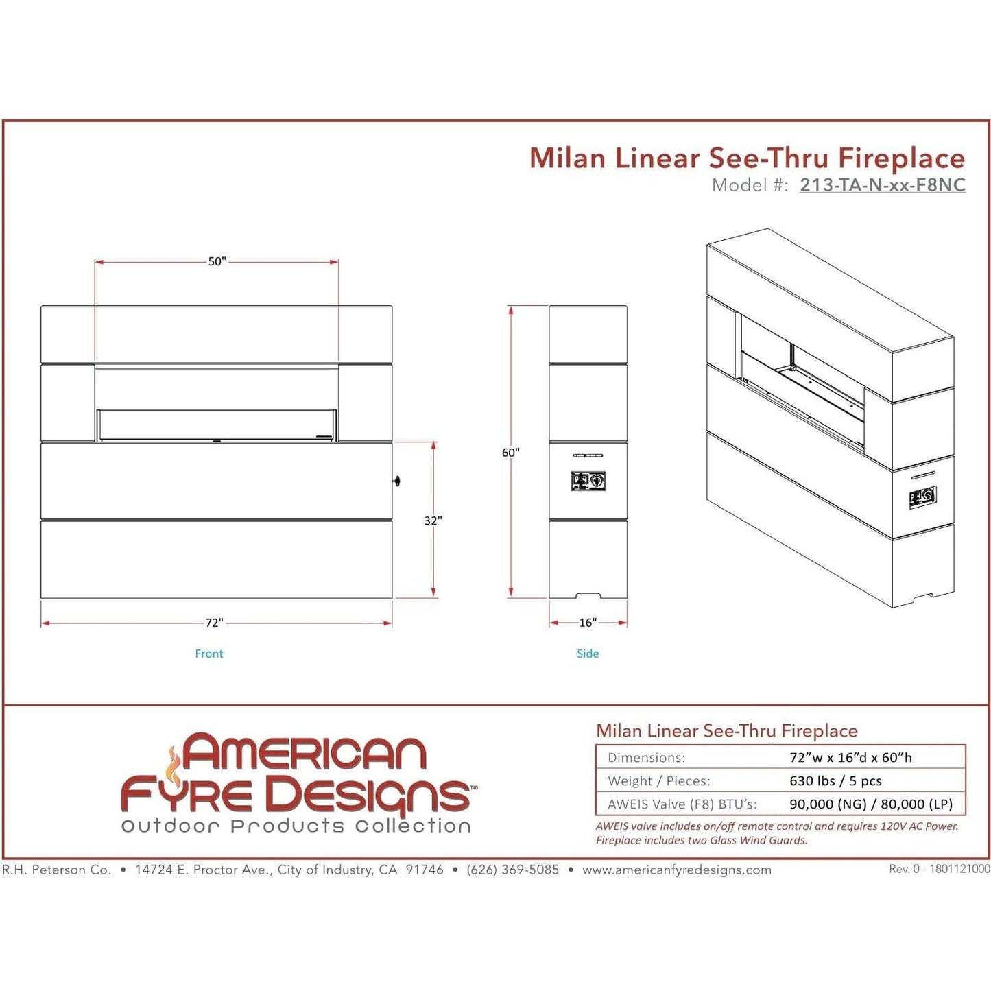 American Fyre Designs Milan Tall Liner Firetable - 215-xx-11-M8xC