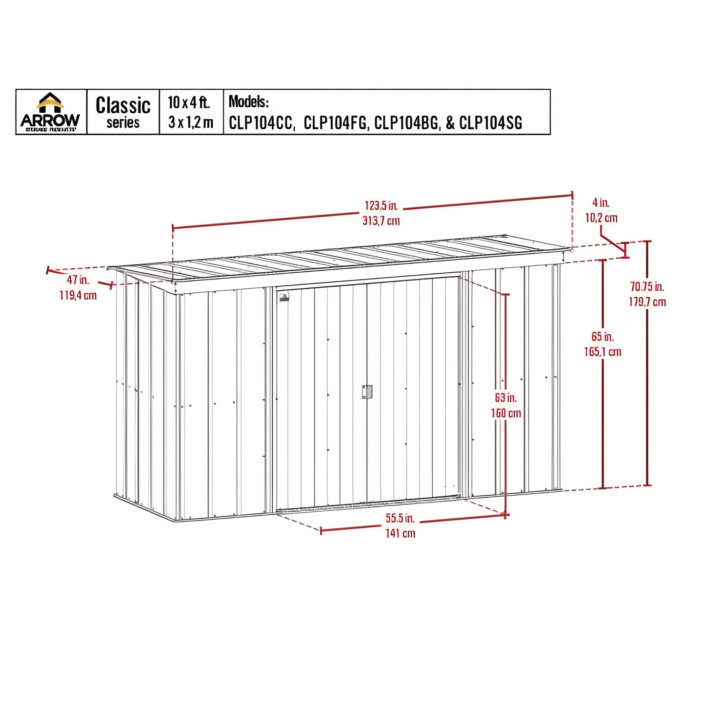 Arrow | Classic Steel Storage Shed, 10x4 ft., Charcoal CLP104CC