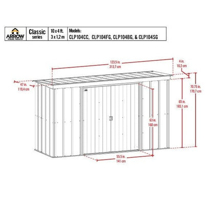 Arrow | Classic Steel Storage Shed, 10x4 ft., Flute Grey CLP104FG