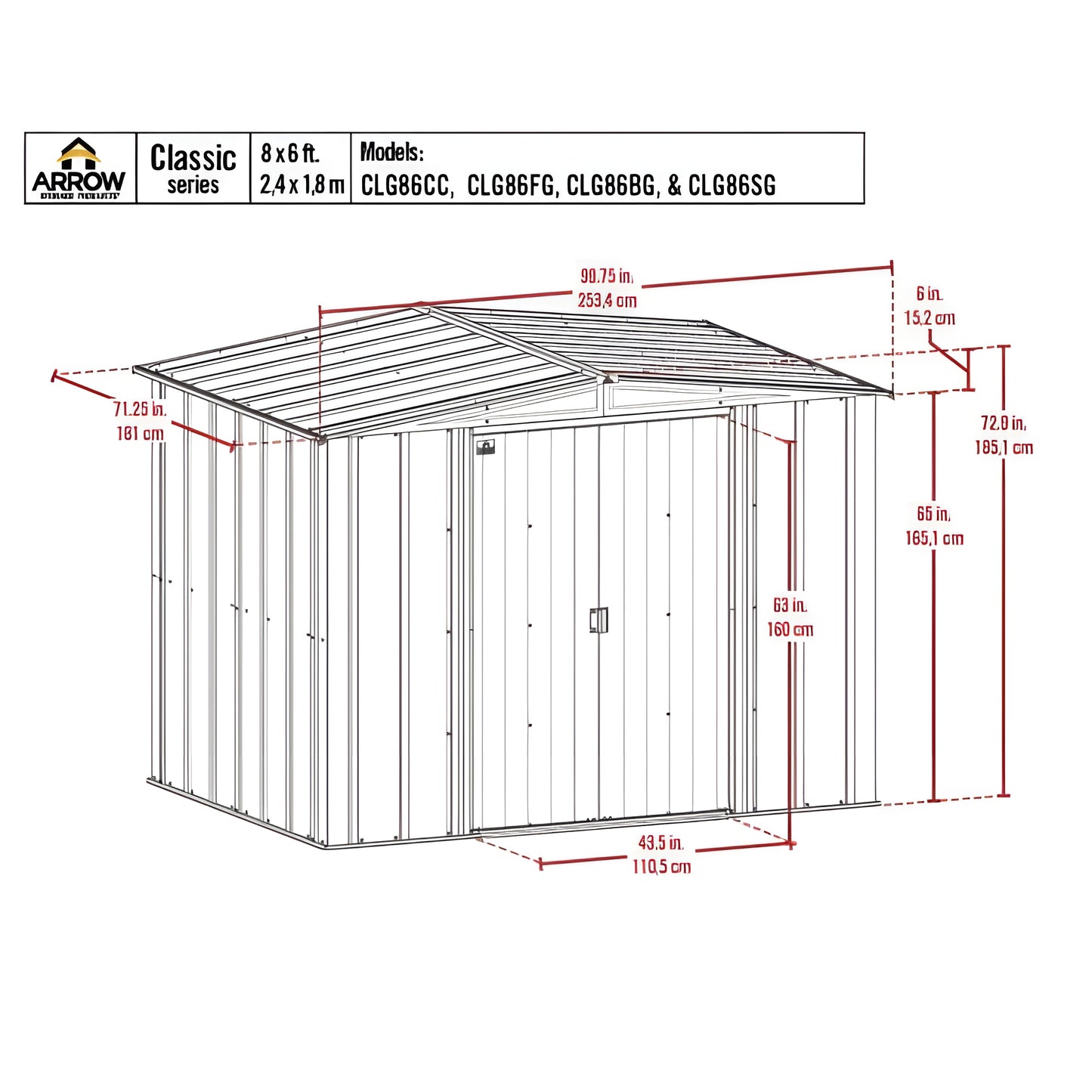Arrow | Classic Steel Storage Shed, 8x6 ft., Charcoal CLG86CC-01