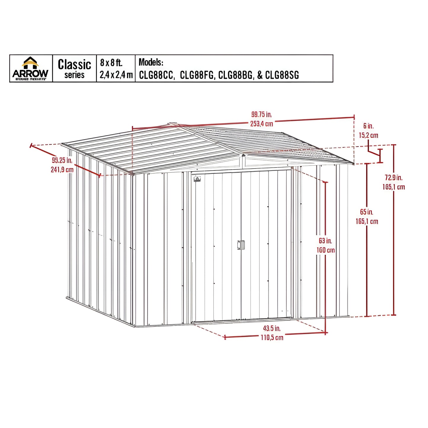 Arrow | Classic Steel Storage Shed, 8x8 ft., Charcoal CLG88CC