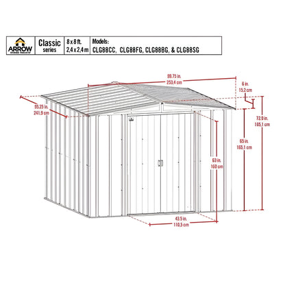 Arrow | Classic Steel Storage Shed, 8x8 ft., Flute Grey CLG88FG