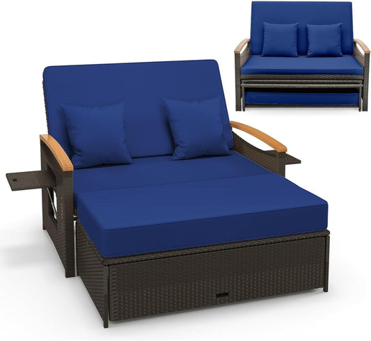 Tangkula Patio Rattan Daybed Set with Cushioned Loveseat and Storage Ottoman - HW71627BN+
