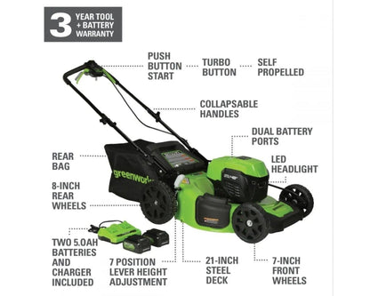 Greenworks 48V (2x24V) 21" Cordless Battery Self-Propelled Mower & Blower Combo Kit w/ (3) Batteries & Chargers -1341802-VK