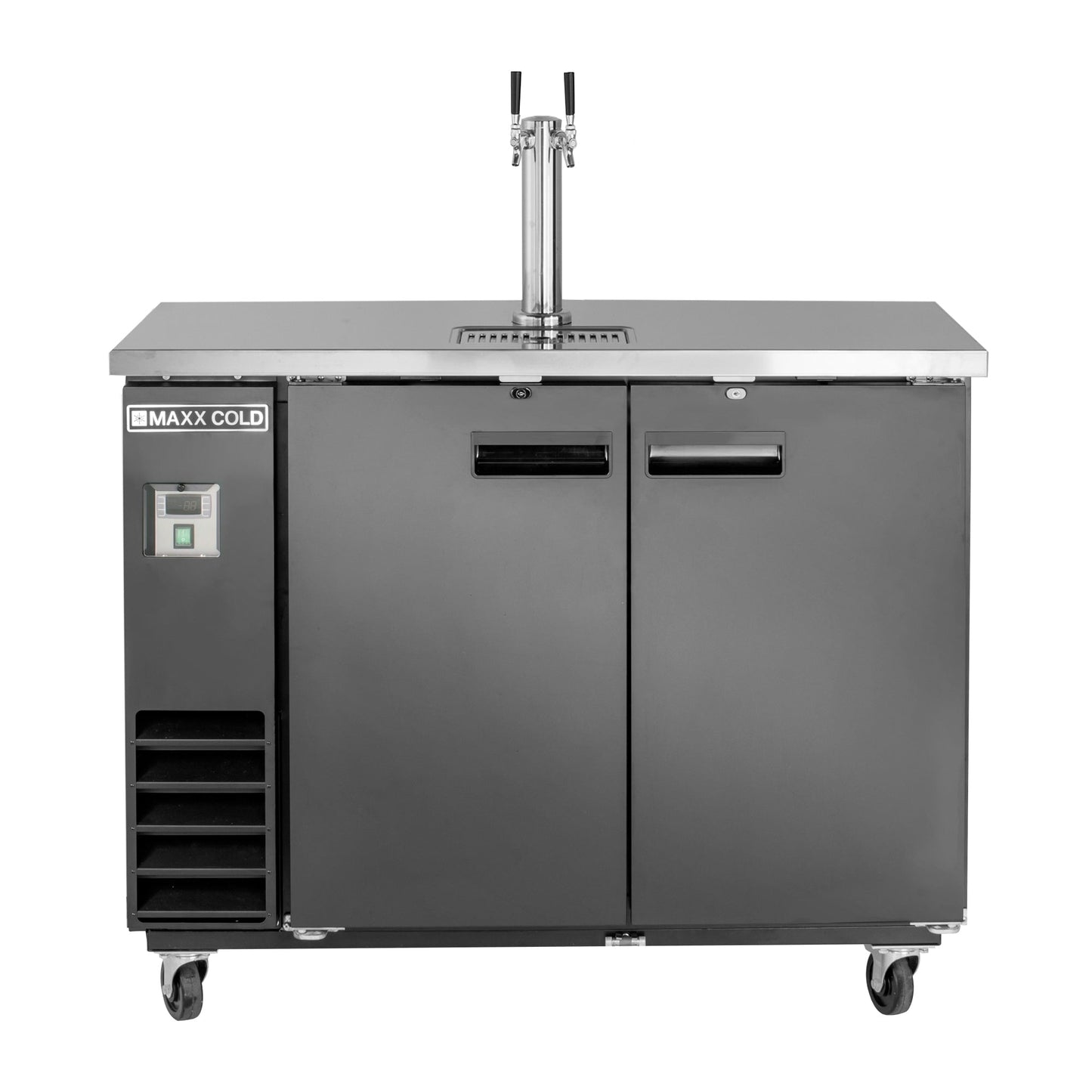 Maxx Cold Single Tower, 2 Tap Beer Dispenser, 47.5"W, 10.5 cu. ft., 2 Barrels/Kegs (297L) Storage Capacity, in Black with Stainless Steel Top - MXBD48-1BHC