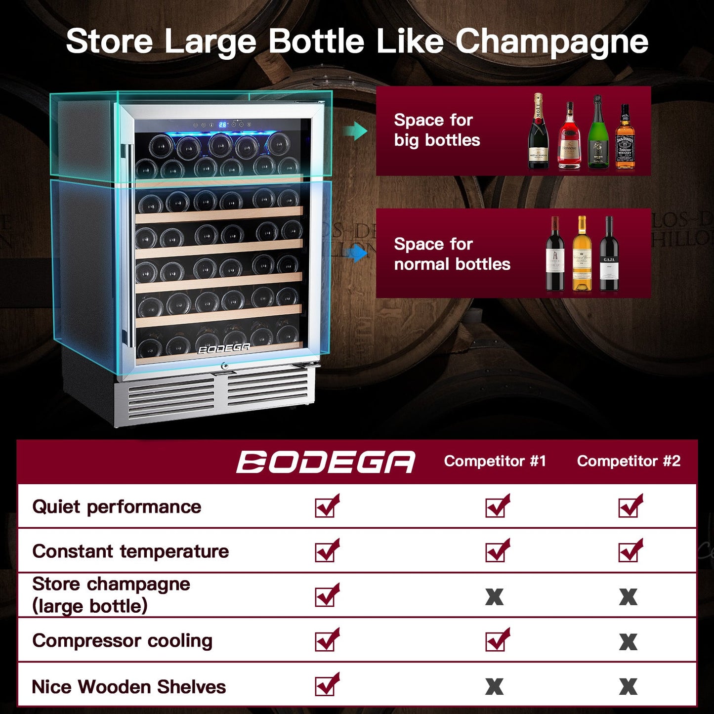 BODEGAcooler 24" 46 Bottles Wine Cooler in Stainless Steel with Wood Shelves - JC-145A-US