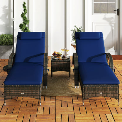 Outsunny 3-Piece Wicker Chaise Lounge Chair Set with Side Table, 5-Level Adjustable Backrest, Dark Blue - 862-011V01DB