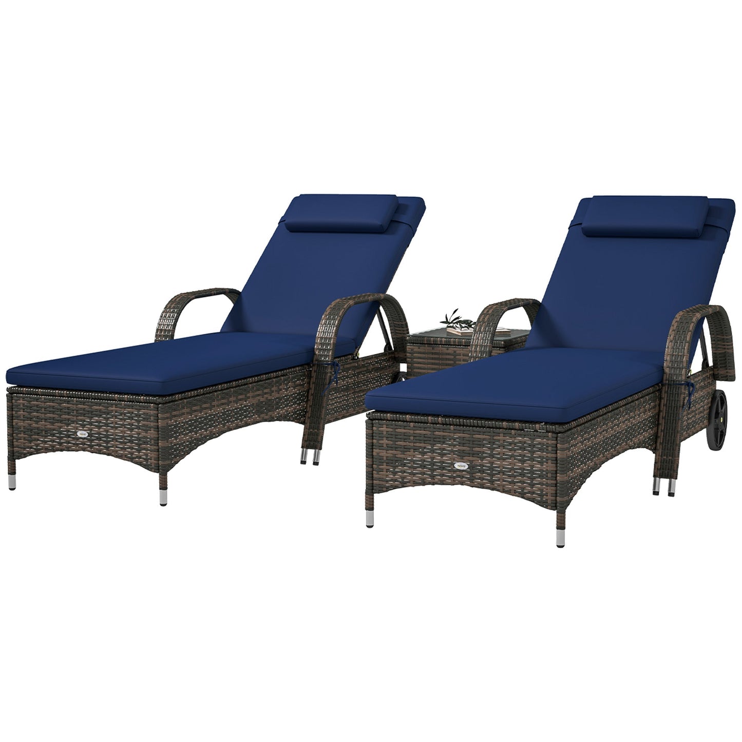 Outsunny 3-Piece Wicker Chaise Lounge Chair Set with Side Table, 5-Level Adjustable Backrest, Dark Blue - 862-011V01DB