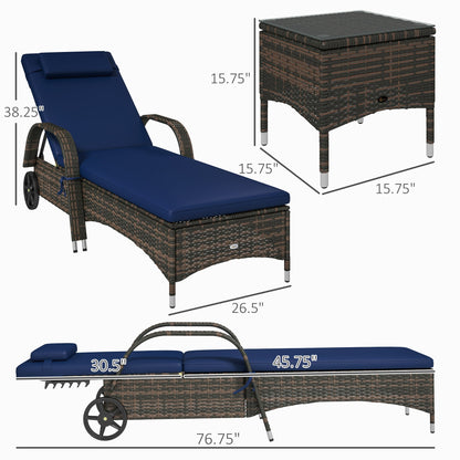 Outsunny 3-Piece Wicker Chaise Lounge Chair Set with Side Table, 5-Level Adjustable Backrest, Dark Blue - 862-011V01DB