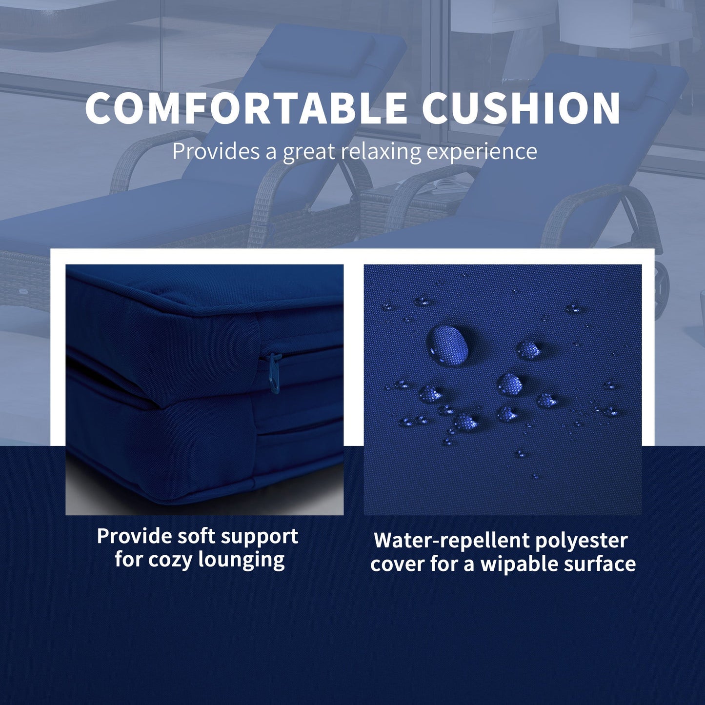 Outsunny 3-Piece Wicker Chaise Lounge Chair Set with Side Table, 5-Level Adjustable Backrest, Dark Blue - 862-011V01DB