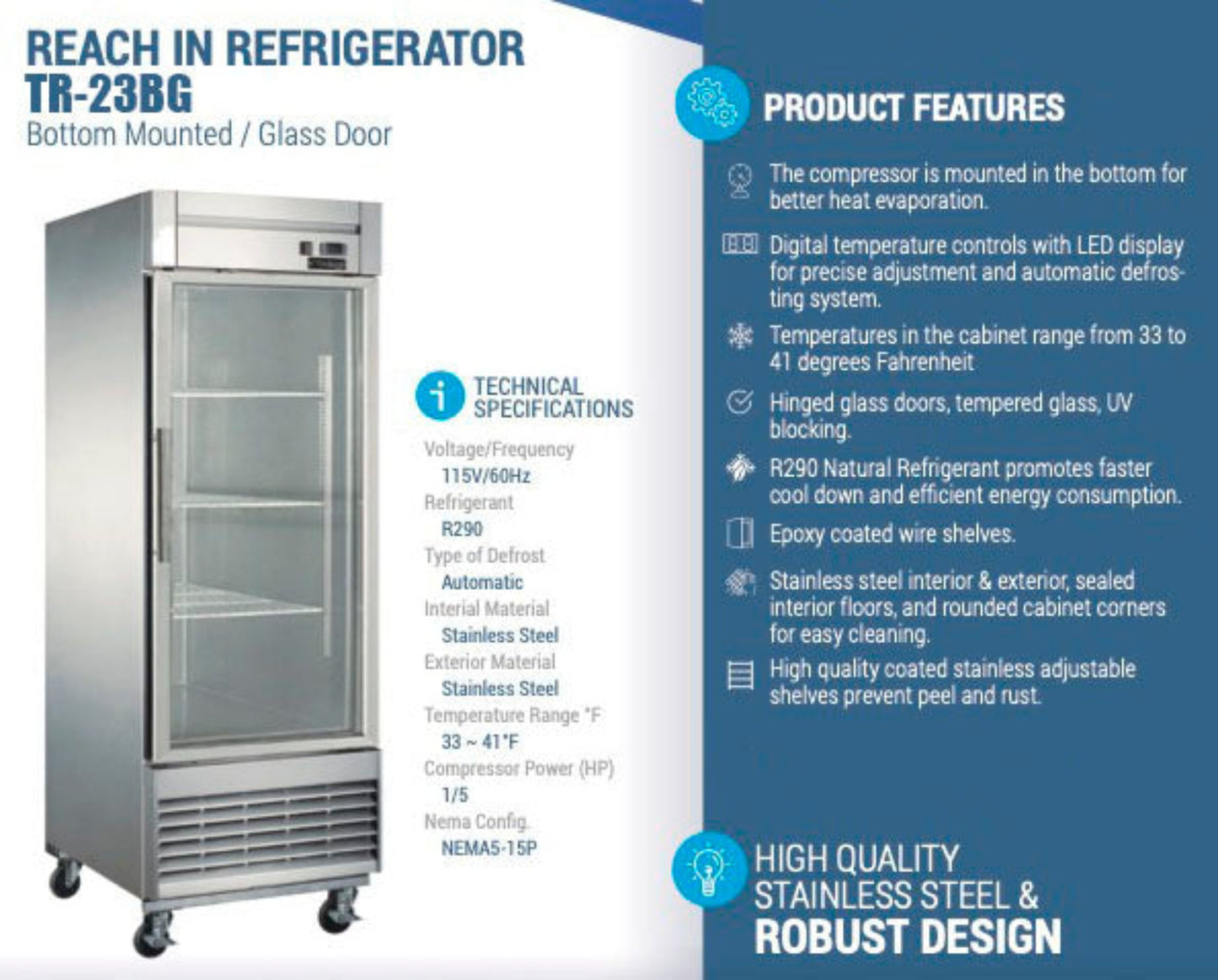 Chef AAA - TR-23BG 27" 1 Glass Door Reach-in Refrigerator 17.7 cu. ft. - TR-23BG